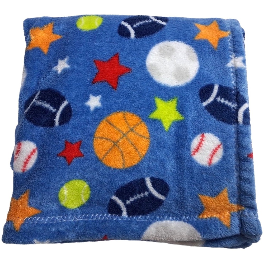 BabyGear Blue Sports Themed Baby Blanket Soft Fleece Lovey Boy Balls Star‎ 30x40